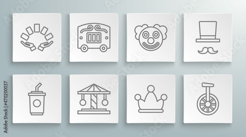 Set line Paper glass with water, Circus wagon, Attraction carousel, Jester hat bells, Unicycle or one wheel bicycle, Clown head, Magician and Hand holding playing cards icon. Vector