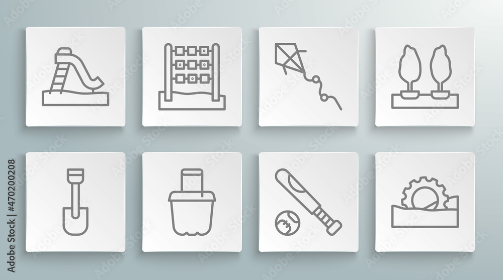 Set line Shovel toy, Tic tac toe game, Sand in bucket, Baseball bat with ball, Ferris wheel, Kite, Forest and Kid slide icon. Vector Set line Shovel toy, Tic tac toe game, Sand in bucket, Baseball bat with ball, Ferris wheel, Kite, Forest and Kid slide icon. Vector