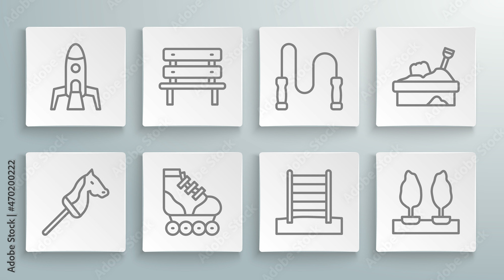 Set line Toy horse, Bench, Roller skate, Swedish wall, Forest, Jump rope, Sandbox with sand and Rocket ship icon. Vector Set line Toy horse, Bench, Roller skate, Swedish wall, Forest, Jump rope, Sandbox with sand and Rocket ship icon. Vector