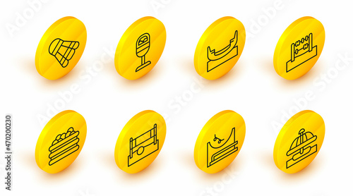 Set line Attraction carousel, Skate park, Volleyball net with ball, Pool balls, Abacus, Boat swing, Trash can and Badminton shuttlecock icon. Vector