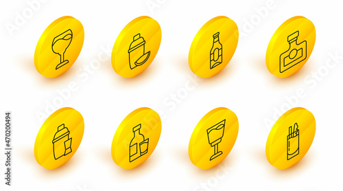 Set line Cocktail Bloody Mary, Wine glass, Bottle of vodka with, shaker, Alcohol drink Rum, Beer bottle, lime and icon. Vector