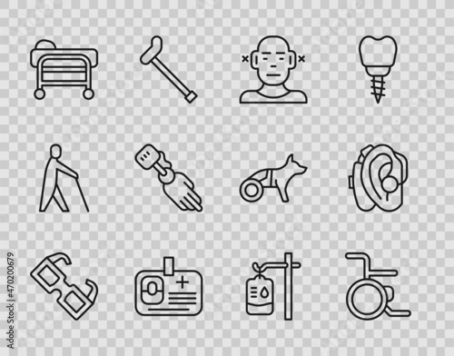 Set line Eyeglasses, Wheelchair, Deaf, Identification badge, Stretcher, Prosthesis hand, IV bag and Hearing aid icon. Vector