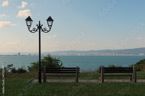 Benches with Black sea view in the town of Nesebar, Bulgaria