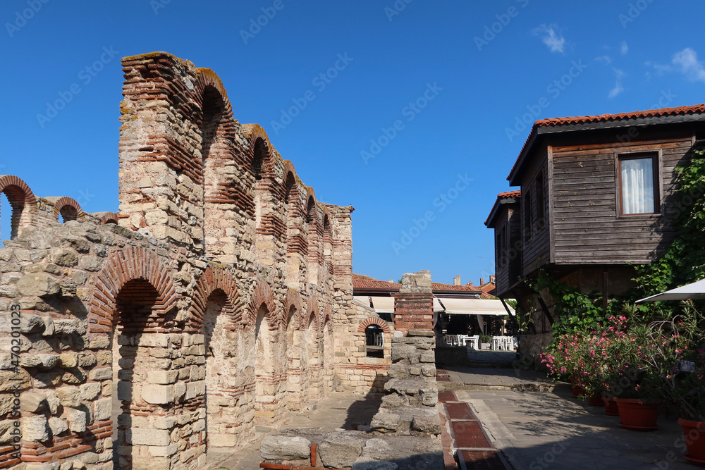 Ruins of byzantine Church of Saint Sophia (also known as the Old Bishopric) in the old town of Nessebar, Burgas Region, Bulgaria. The Ancient City of Nesebar is a UNESCO World Heritage Site.