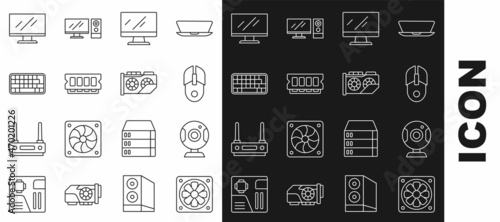 Set line Computer cooler, Web camera, mouse, monitor screen, RAM, random access memory, Keyboard, and Video graphic card icon. Vector