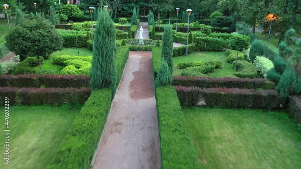 Bucha Central Park. Topiary green summer garden. Fresh quiet dawn in the park. Bucha Central Park. Topiary green summer garden. Fresh quiet dawn in the park.