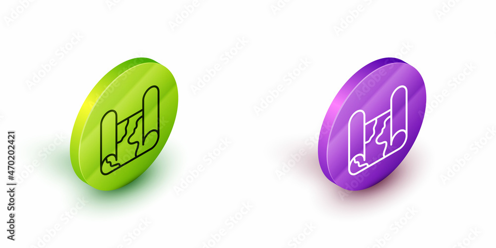 Isometric line Folded map icon isolated on white background. Green and purple circle buttons. Vector Isometric line Folded map icon isolated on white background. Green and purple circle buttons. Vector
