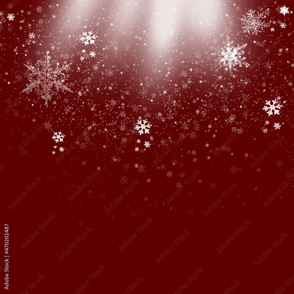 Red Winter Background with snowflakes and sparkles. Christmas card