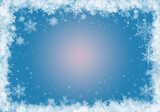 Snow background. Blue Christmas snowfall with defocused flakes and swirls. Winter concept with falling snow. Holiday texture and white snowflakes