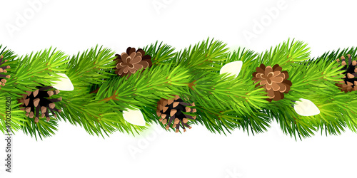 Vector Christmas horizontal seamless border with green fir branches, pine cones, and shining Christmas lights.