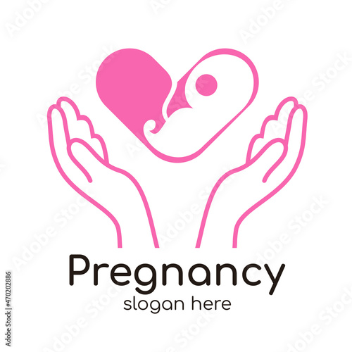 Pregnancy Logo Design Vector Template, with heart, hand and embryo image, eps 10 format