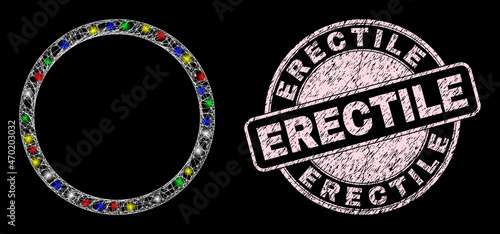 Glossy crossing net mesh contour circle icon with glow effect on a black background with Erectile corroded seal. Pink stamp seal includes Erectile caption inside round shape.