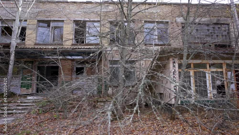 Steady shot of Old Abandoned Hospital Building In Ghost Town Pripyat, Ukraine - Chernobyl Disaster Exclusion Zone Steady shot of Old Abandoned Hospital Building In Ghost Town Pripyat, Ukraine - Chernobyl Disaster Exclusion Zone