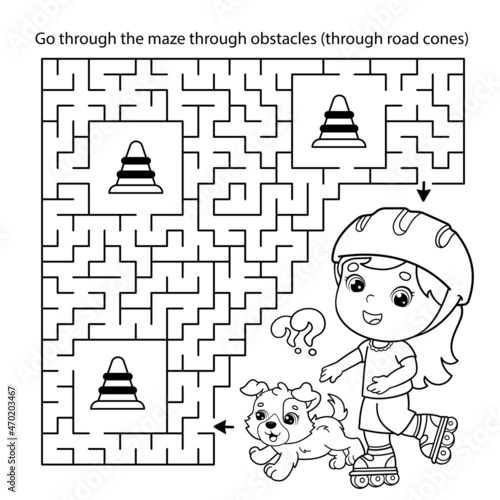 Maze or Labyrinth Game. Puzzle. Coloring Page Outline Of cartoon girl on roller skates with dog. Sport activity. Coloring book for kids.