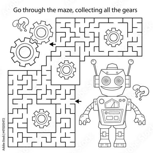 Maze or Labyrinth Game. Puzzle. Coloring Page Outline Of cartoon robot with gears. Coloring book for kids.