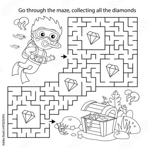 Maze or Labyrinth Game. Puzzle. Coloring Page Outline Of cartoon boy scuba diver with chest of treasure. Marine photography or shooting. Underwater world. Coloring book for kids.