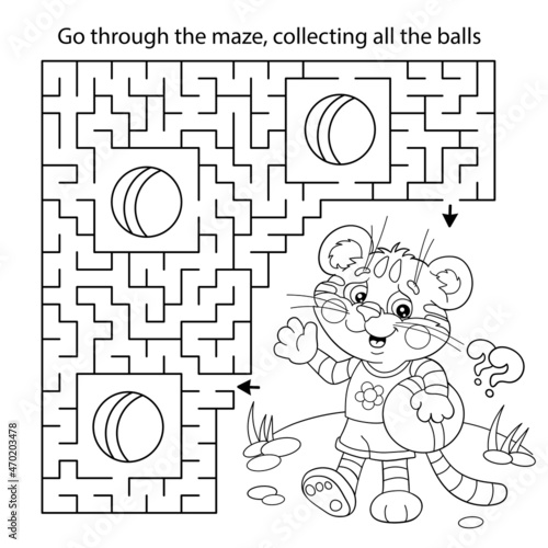 Maze or Labyrinth Game. Puzzle. Coloring Page Outline Of cartoon little tiger cub with ball. Coloring book for kids.