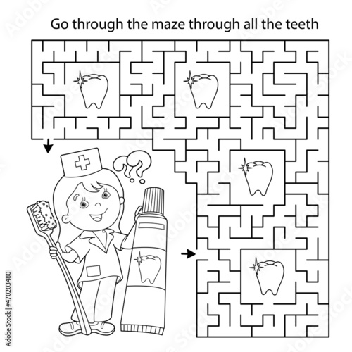 Maze or Labyrinth Game. Puzzle. Coloring Page Outline Of cartoon doctor with toothbrush and toothpaste. Coloring book for kids.