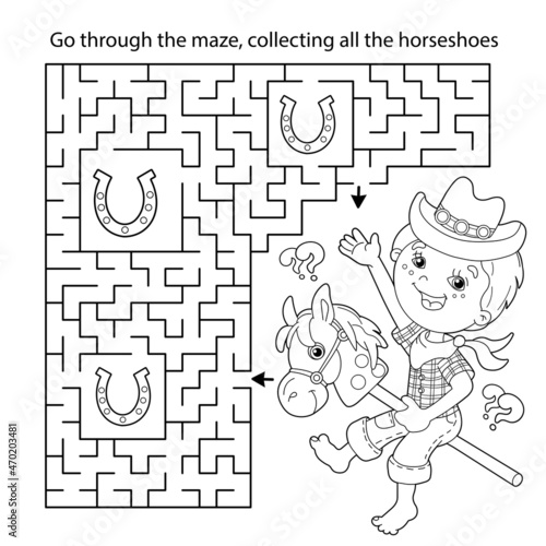 Maze or Labyrinth Game. Puzzle. Coloring Page Outline Of cartoon Boy playing cowboy with toy horse. Housework and cleaning, Coloring book for kids.
