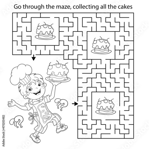 Maze or Labyrinth Game. Puzzle. Coloring Page Outline Of cartoon fun boy chef with cake. Little cook or scullion. Profession. Coloring book for kids.