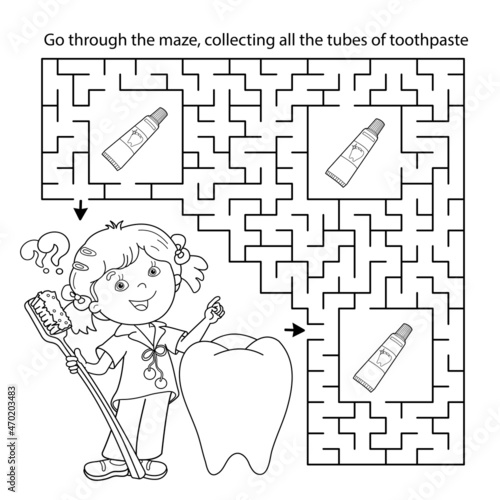 Maze or Labyrinth Game. Puzzle. Coloring Page Outline Of cartoon girl with toothbrush and toothpaste. Coloring book for kids.