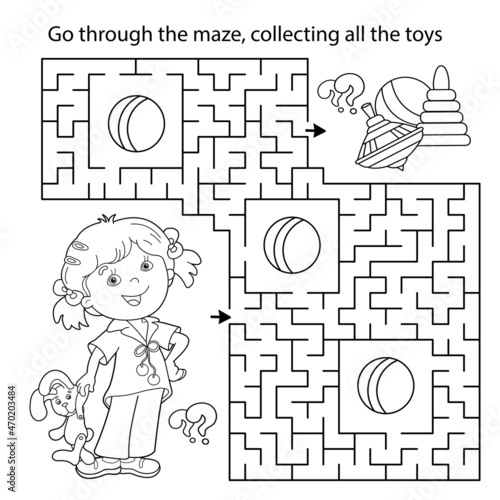 Maze or Labyrinth Game. Puzzle. Coloring Page Outline Of cartoon girl with toys. Coloring book for kids.