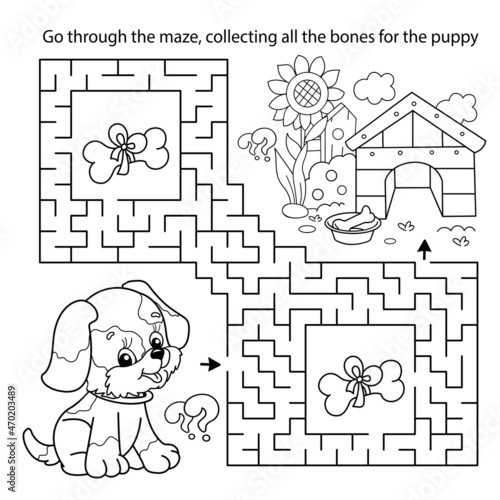 Maze or Labyrinth Game. Puzzle. Coloring Page Outline Of cartoon little dog with doghouse or kennel. Coloring book for kids.