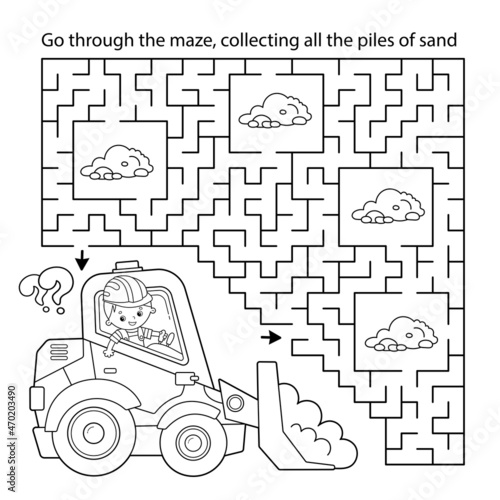 Maze or Labyrinth Game. Puzzle. Coloring Page Outline Of cartoon bulldozer. Construction vehicles. Profession. Coloring book for kids.