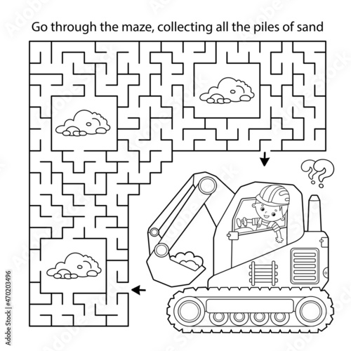 Maze or Labyrinth Game. Puzzle. Coloring Page Outline Of cartoon crawler excavator. Construction vehicles. Profession. Coloring book for kids.