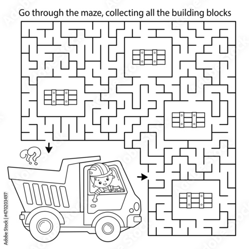 Maze or Labyrinth Game. Puzzle. Coloring Page Outline Of cartoon lorry or dump truck. Construction vehicles. Coloring book for kids.
