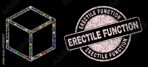 Glossy crossing net mesh cubic icon with glare effect on a black background, and Erectile Function textured stamp. Pink stamp seal contains Erectile Function caption inside round shape.