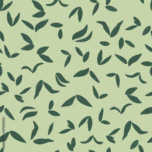 Leaves seamless repeat pattern. Random placed, vector leaf plant all over surface print on sage green background.