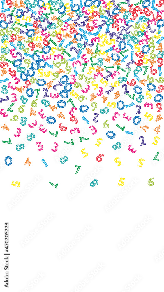 Falling colorful sketch numbers. Math study concept with flying digits. Marvelous back to school mathematics banner on white background. Falling numbers vector illustration. Falling colorful sketch numbers. Math study concept with flying digits. Marvelous back to school mathematics banner on white background. Falling numbers vector illustration.
