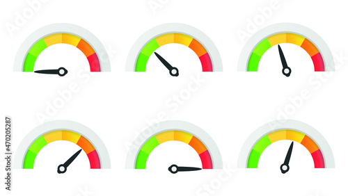 Color scale with arrow from red to green. The measuring device icons set. Sign tachometer, speedometer, indicators. Vector illustration