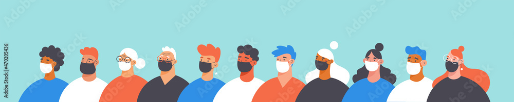 Banner with people wearing medical face masks. Virus protection and hygiene concept. Flat vector illustration.
