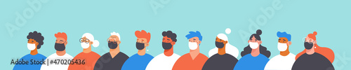 Banner with people wearing medical face masks. Virus protection and hygiene concept. Flat vector illustration.
