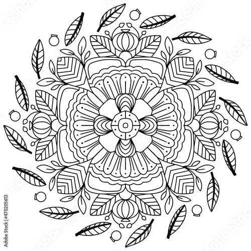 Mandala drawing vector element. Coloring page  coloring book for kids and adults. Background with space for text. Outline floral round ornament. Line Illustration for printing on paper or fabric. 