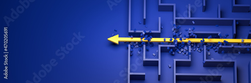 3d rendering: Concept - solving a complex problem. Brute force method: breaking through the brick wall. Blue maze and floor with yellow solution path with arrow. Banner size. photo