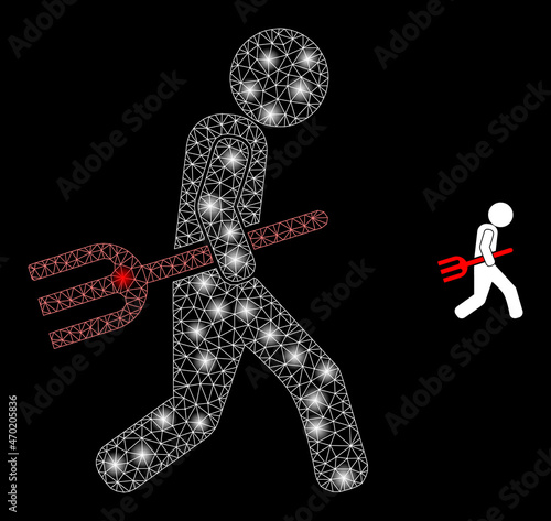 Glossy polygonal mesh web fork robber icon with glow effect on a black background. Network fork robber iconic vector with glowing dots in magic colors.