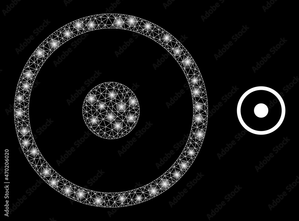 Glossy polygonal mesh net circle center icon with glitter effect on a black background. Constellation circle center iconic vector with illuminated points in bright colors.