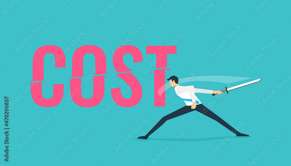 Costs reduction, costs cut, costs optimization business concept. Businessman cutting text cost symbol vector illustration Costs reduction, costs cut, costs optimization business concept. Businessman cutting text cost symbol vector illustration