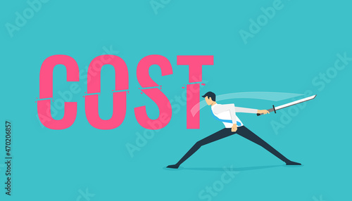 Costs reduction, costs cut, costs optimization business concept. Businessman cutting text cost symbol vector illustration
