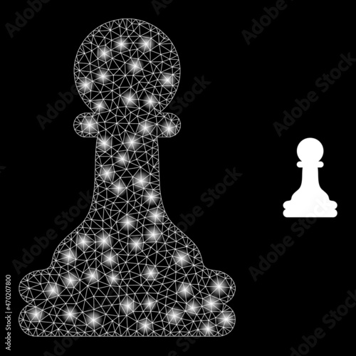 Glossy polygonal mesh web chess pawn icon with glare effect on a black background. Constellation chess pawn iconic vector with shiny dots in bright colors.