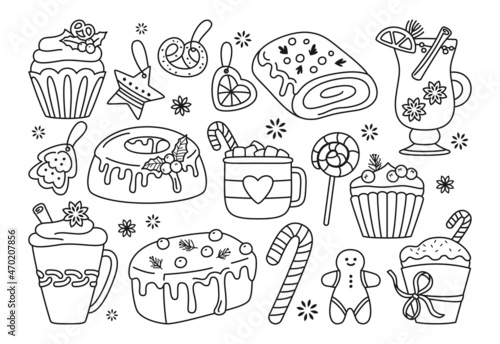 Christmas sweets treat doodle cartoon set. New year man gingerbread and cocoa cup, cake muffin, lollipop candy. Xmas line decoration, holiday scrapbook noel design for sticker kit, greeting card