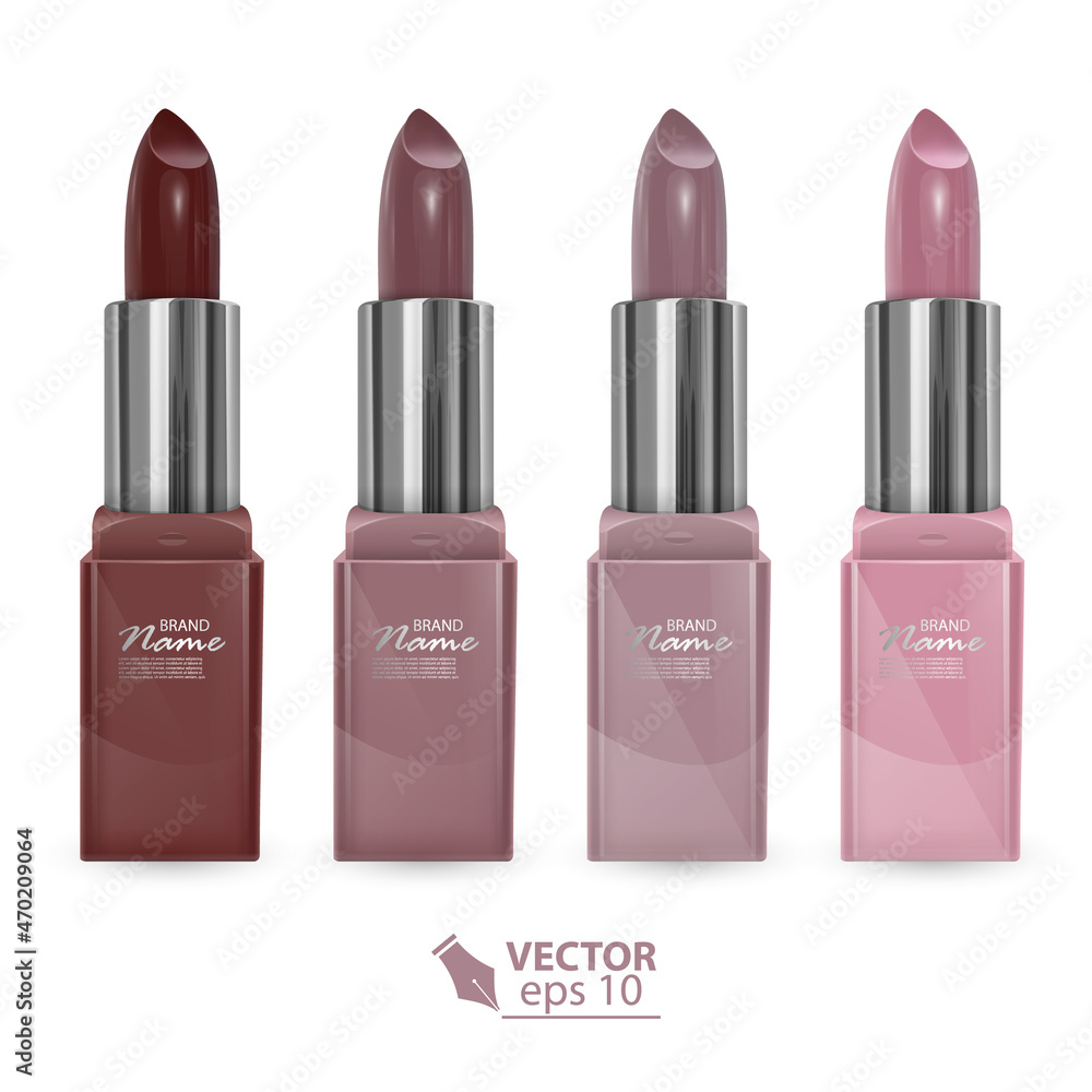 Fototapeta premium Set of body-colored lipsticks, realistic lipsticks on a light background, vector illustration