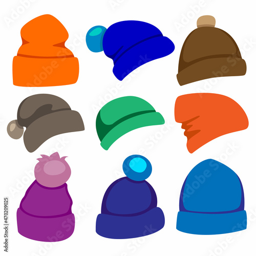 A set of nine winter hats in different colors.