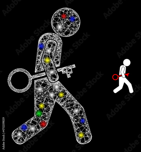 Glossy irregular mesh key robber icon with glare effect on a black background. Bright multi colored vector constellation is created from key robber icon, with white mesh and colored light spots.