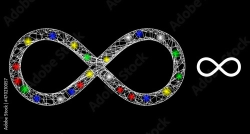 Glossy intersected network infinity icon with glare effect on a dark background. Light colorful vector model is created from infinity icon, with white mesh and stardust light spots.