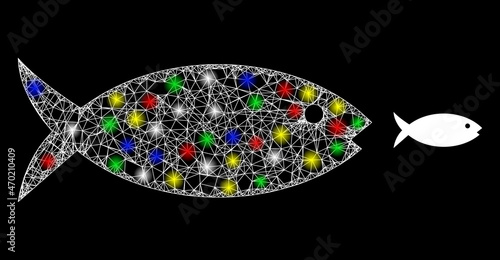 Glossy hatched network fish icon with glare effect on a dark background. Light multicolored vector mesh created from fish icon, with white mesh and stardust light spots. Bright carcass mesh fish.