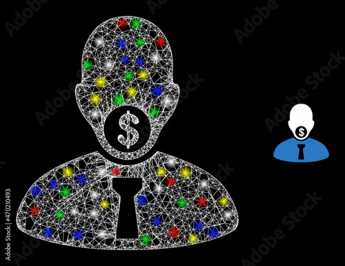 Glossy irregular net mesh hush money icon with glitter effect on a black background. Bright multicolored vector structure is created from hush money icon, with white mesh and bright lightspots.
